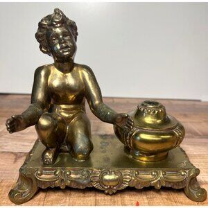 Vintage A.R.W. Leatonlines Inc. Brass Cherub & Pot Sculpture